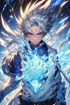  Confident 18-year-old boy with silver hair, white sweater, detailed painting of fighting posture (ice magic), blowing cold wind from his hand