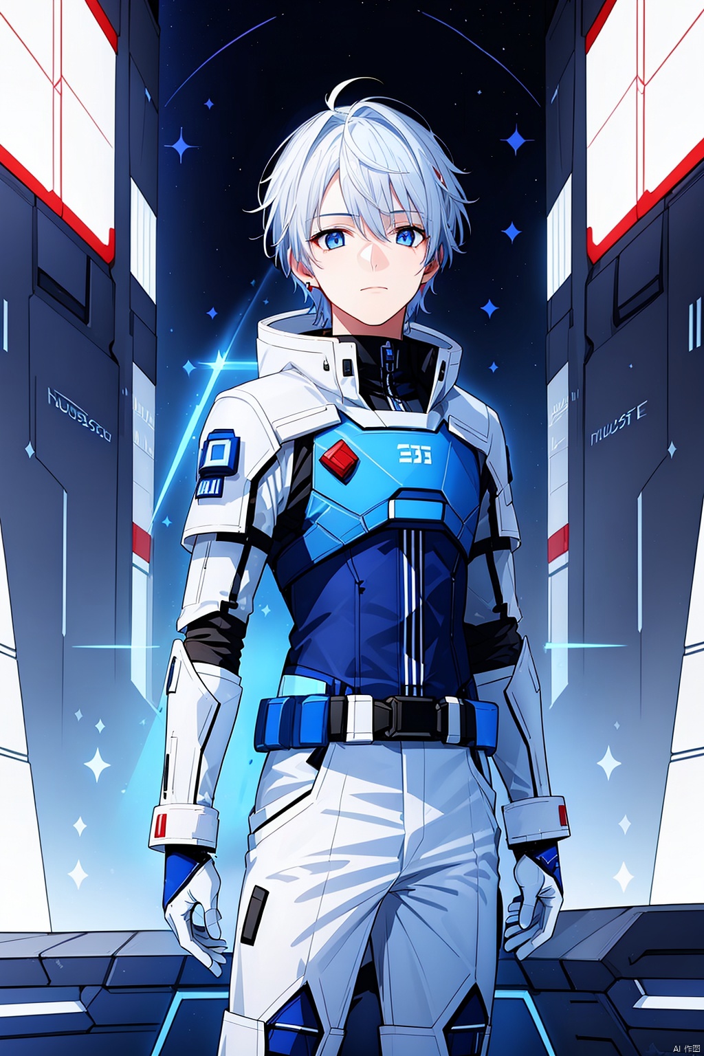 1 boy, blue eyes, white hair, red space suit, (bust: 1.3), dynamic pose, HD, 32k, (Masterpiece: 1.5),