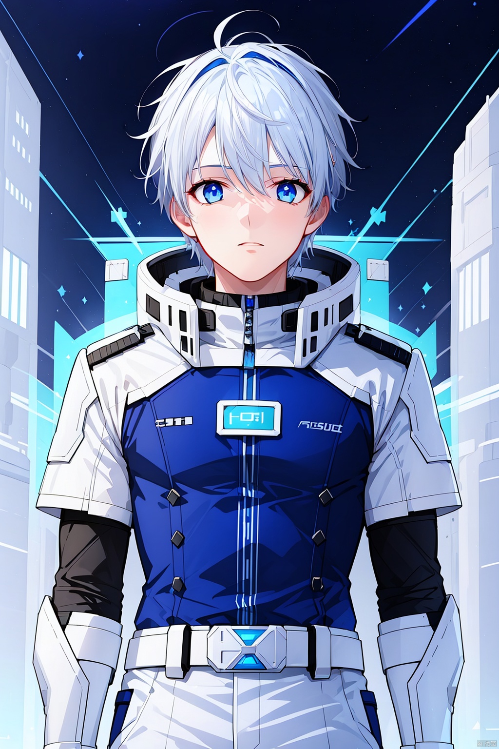  1 boy, blue eyes, white hair, red space suit, (bust: 1.3), dynamic pose, HD, 32k, (Masterpiece: 1.5),