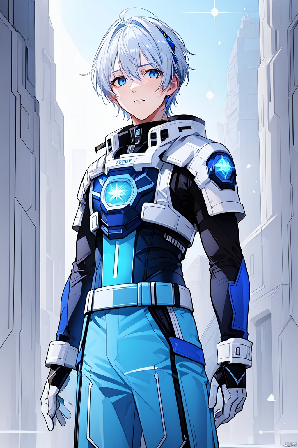  1 boy, blue eyes, white hair, red space suit, (bust: 1.3), dynamic pose, HD, 32k, (Masterpiece: 1.5), 