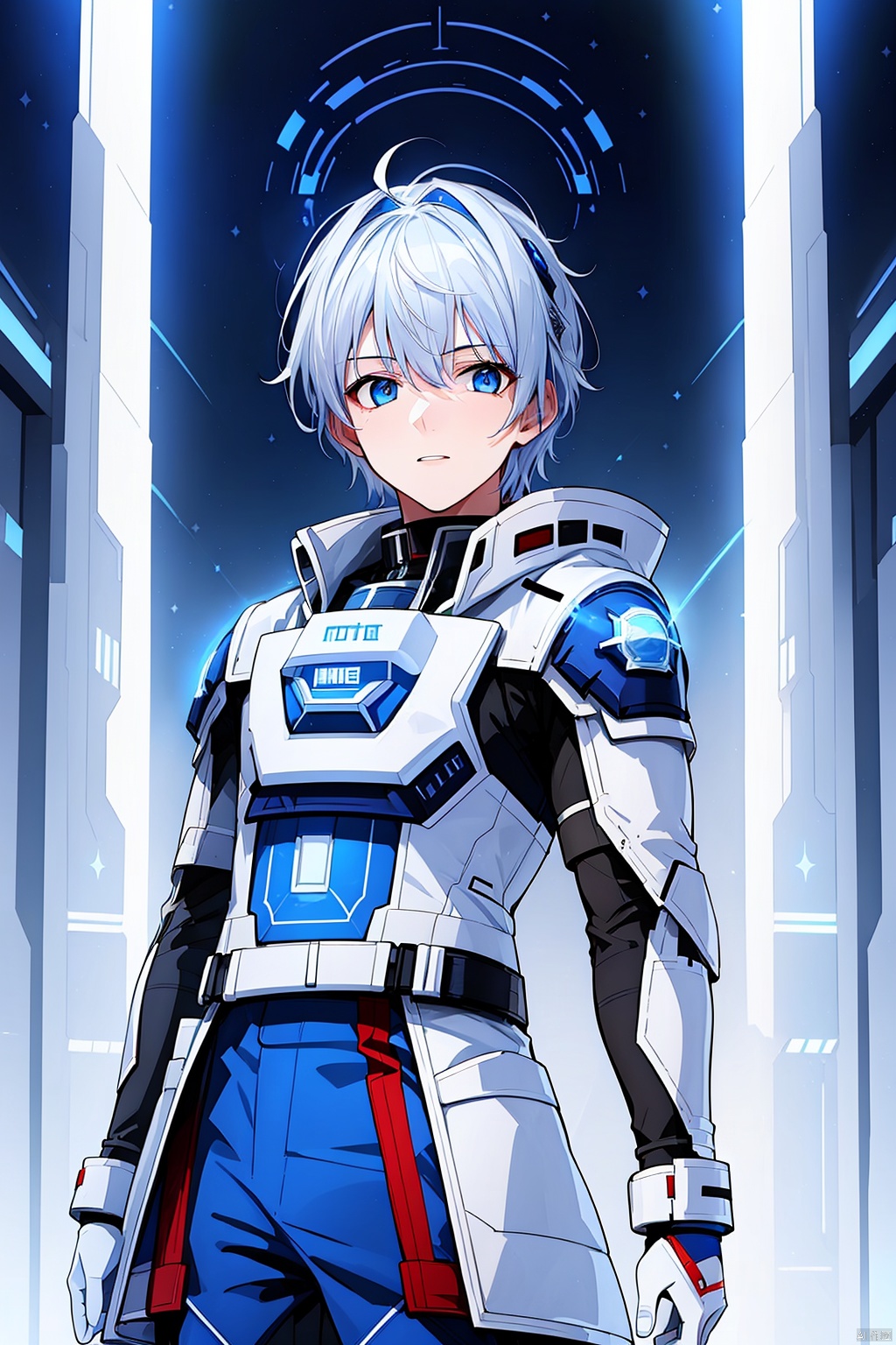  1 boy, blue eyes, white hair, red space suit, (bust: 1.3), dynamic pose, HD, 32k, (Masterpiece: 1.5), 