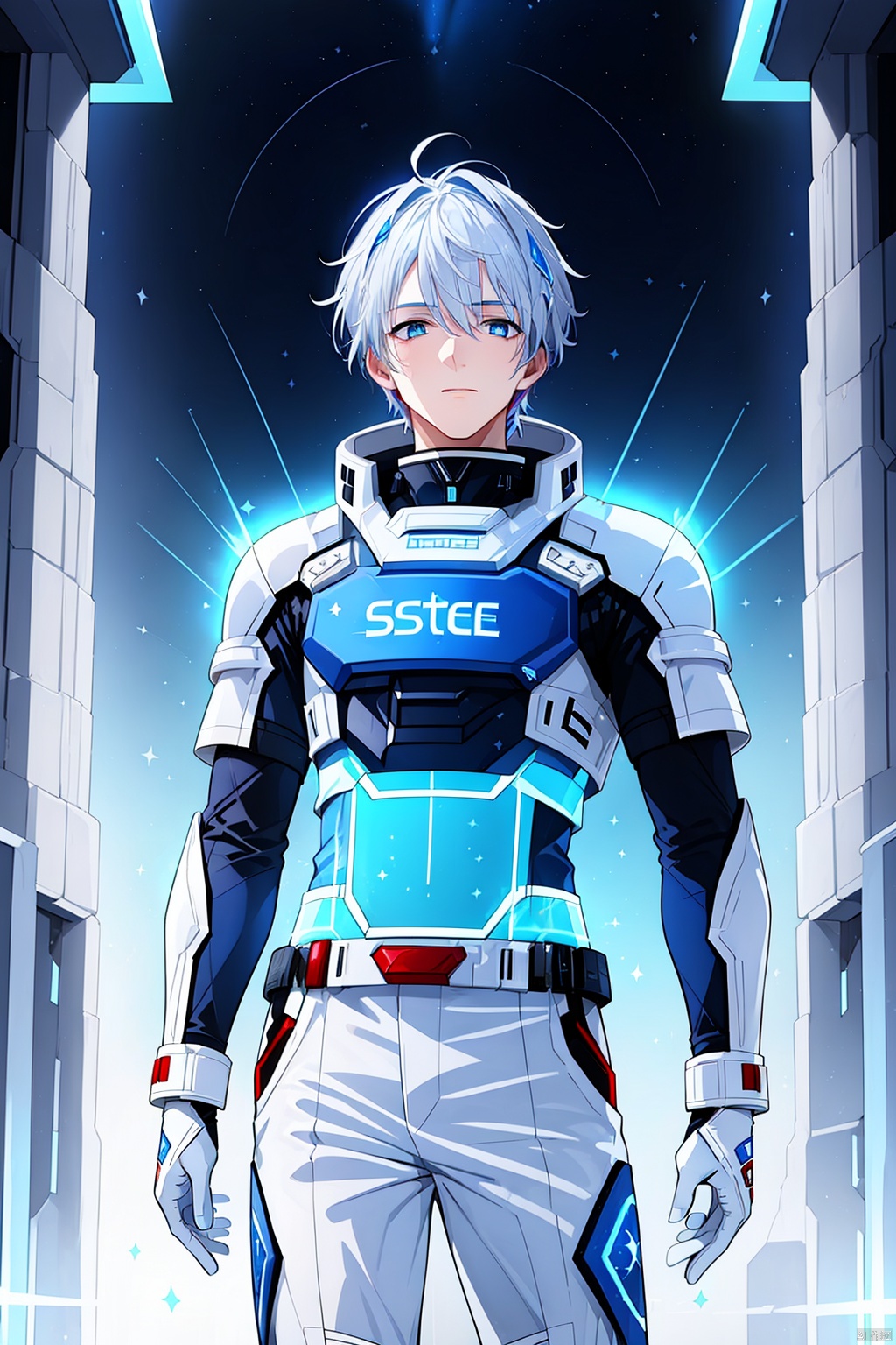  1 boy, blue eyes, white hair, red space suit, (bust: 1.3), dynamic pose, HD, 32k, (Masterpiece: 1.5), 