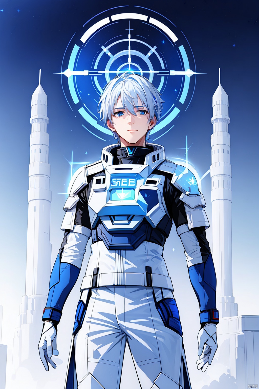  1 boy, blue eyes, white hair, red space suit, (bust: 1.3), dynamic pose, HD, 32k, (Masterpiece: 1.5), 