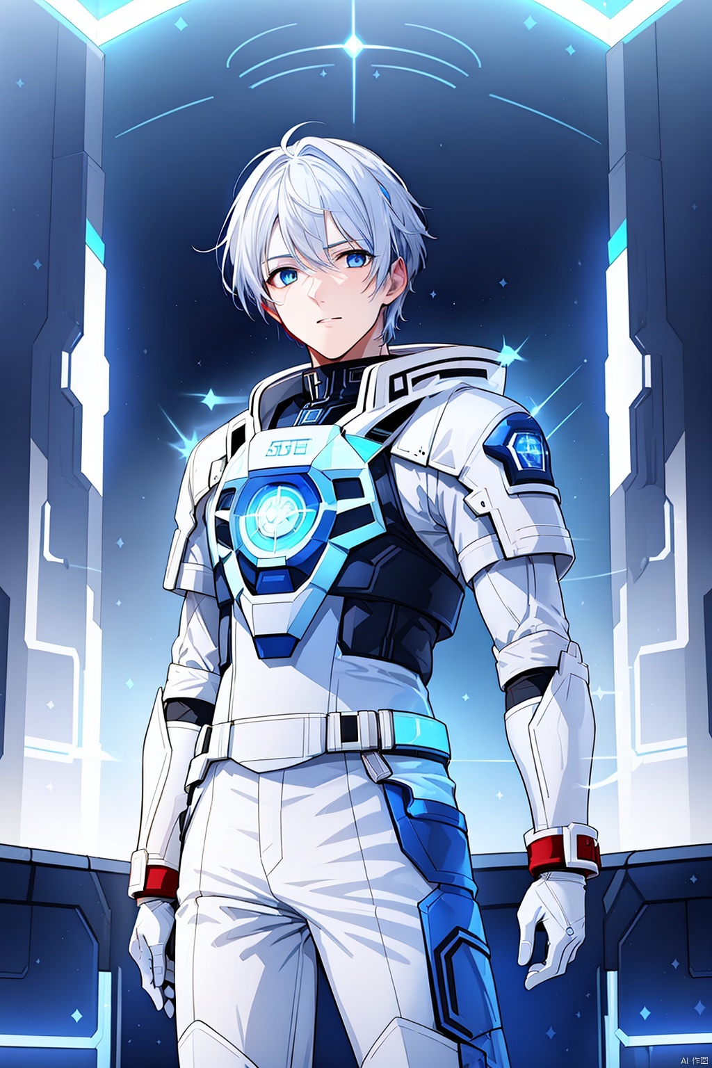  1 boy, blue eyes, white hair, red space suit, (bust: 1.3), dynamic pose, HD, 32k, (Masterpiece: 1.5), 