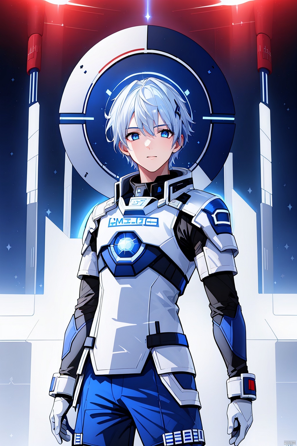  1 boy, blue eyes, white hair, red space suit, (bust: 1.3), dynamic pose, HD, 32k, (Masterpiece: 1.5), 