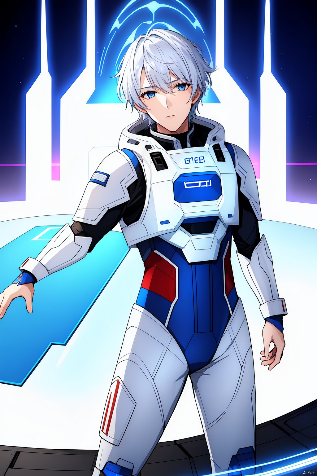 1 boy, blue eyes, white hair, red space suit, (bust: 1.3), dynamic pose, HD, 32k, (Masterpiece: 1.5), 
