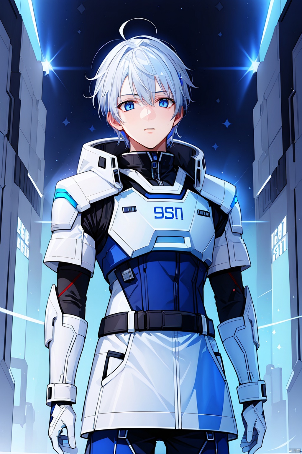  1 boy, blue eyes, white hair, red space suit, (bust: 1.3), dynamic pose, HD, 32k, (Masterpiece: 1.5), 