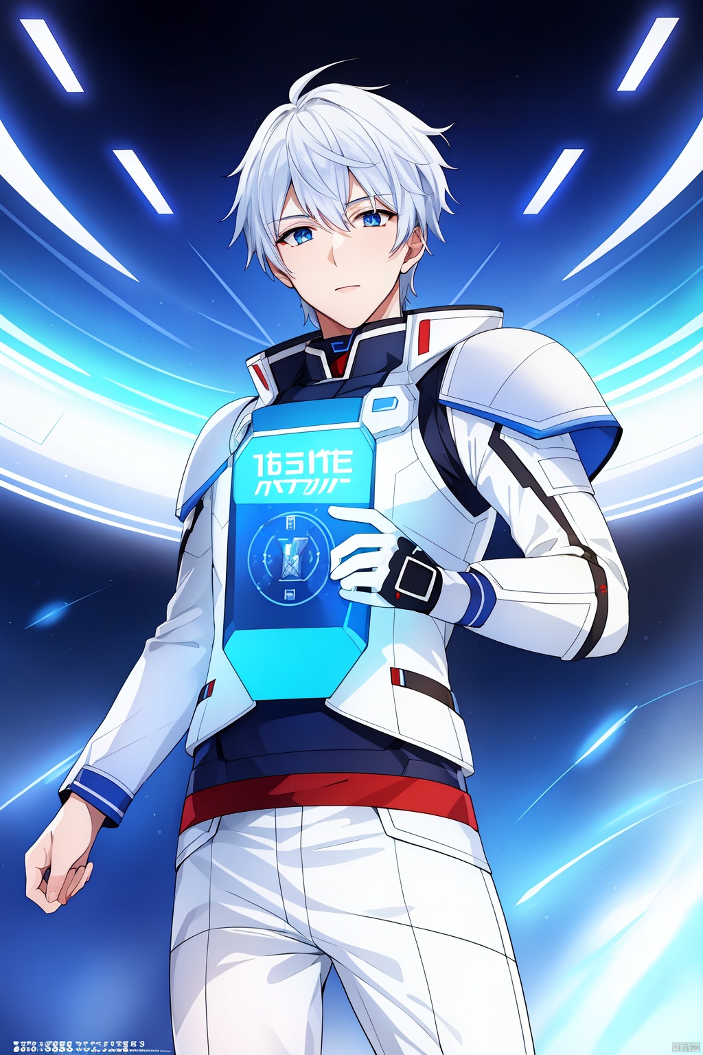 1 boy, blue eyes, white hair, red space suit, (bust: 1.3), dynamic pose, HD, 32k, (Masterpiece: 1.5), magazine cover