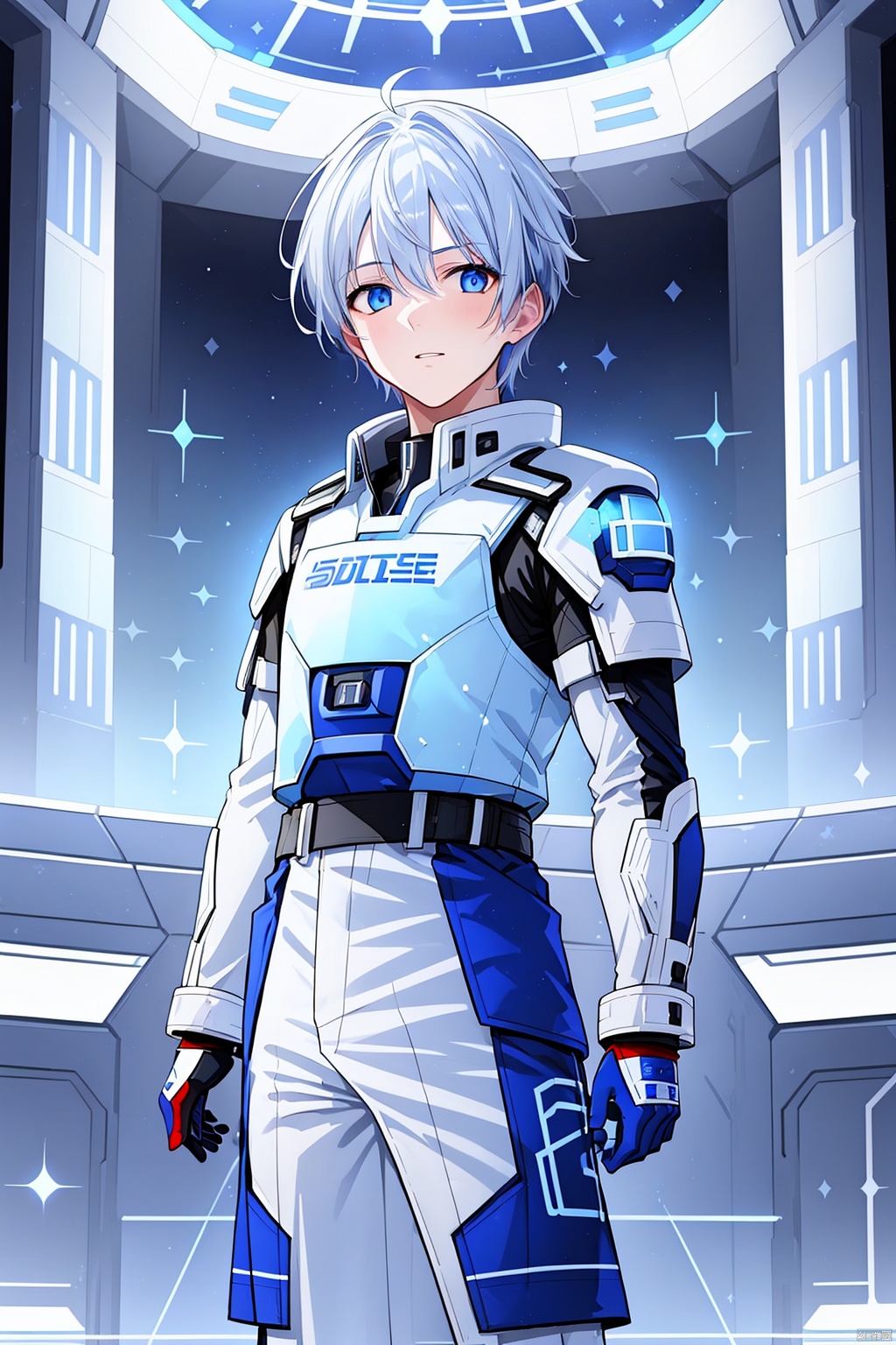  1 boy, blue eyes, white hair, red space suit, (bust: 1.3), dynamic pose, HD, 32k, (Masterpiece: 1.5),