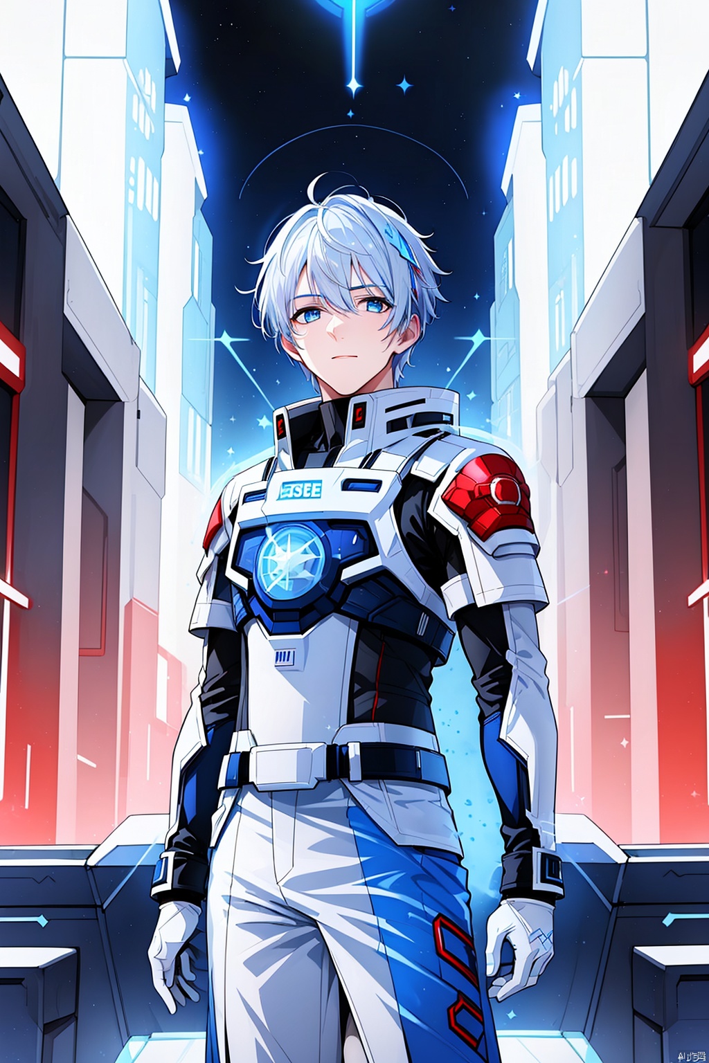  1 boy, blue eyes, white hair, red space suit, (bust: 1.3), dynamic pose, HD, 32k, (Masterpiece: 1.5), 