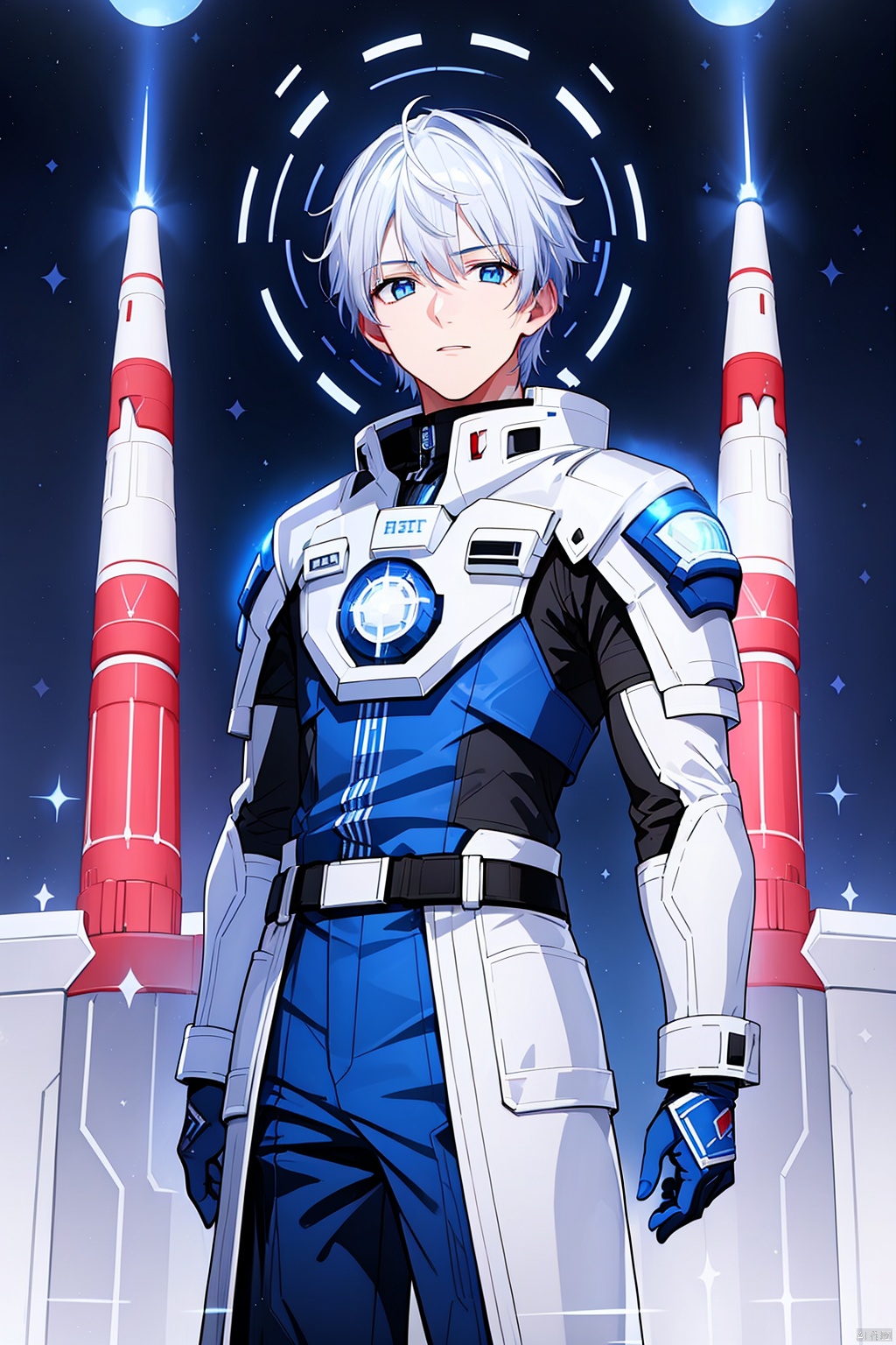  1 boy, blue eyes, white hair, red space suit, (bust: 1.3), dynamic pose, HD, 32k, (Masterpiece: 1.5),