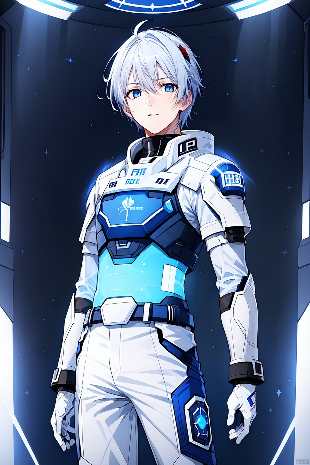  1 boy, blue eyes, white hair, red space suit, (bust: 1.3), dynamic pose, HD, 32k, (Masterpiece: 1.5), 