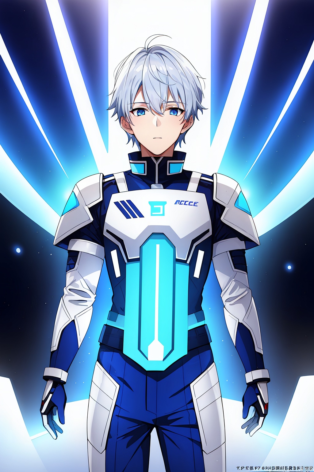  1 boy, blue eyes, white hair, red space suit, (bust: 1.3), dynamic pose, HD, 32k, (Masterpiece: 1.5), magazine cover