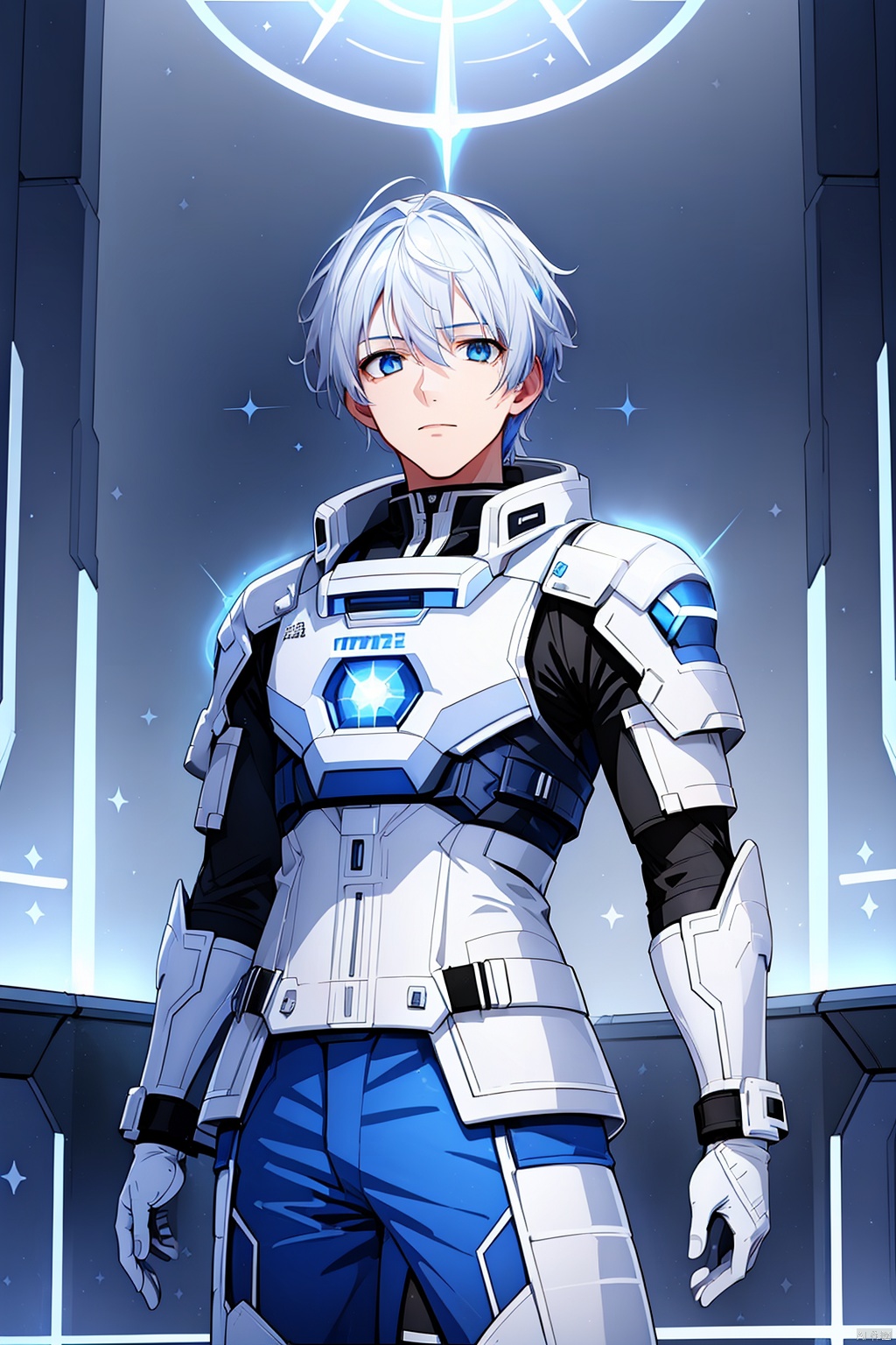  1 boy, blue eyes, white hair, red space suit, (bust: 1.3), dynamic pose, HD, 32k, (Masterpiece: 1.5), 