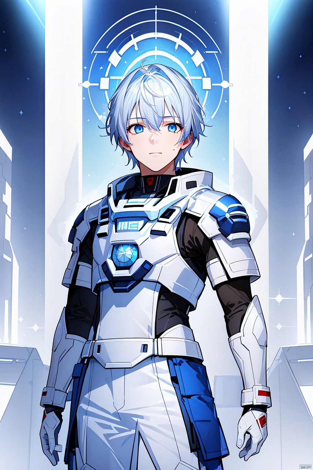  1 boy, blue eyes, white hair, red space suit, (bust: 1.3), dynamic pose, HD, 32k, (Masterpiece: 1.5), 