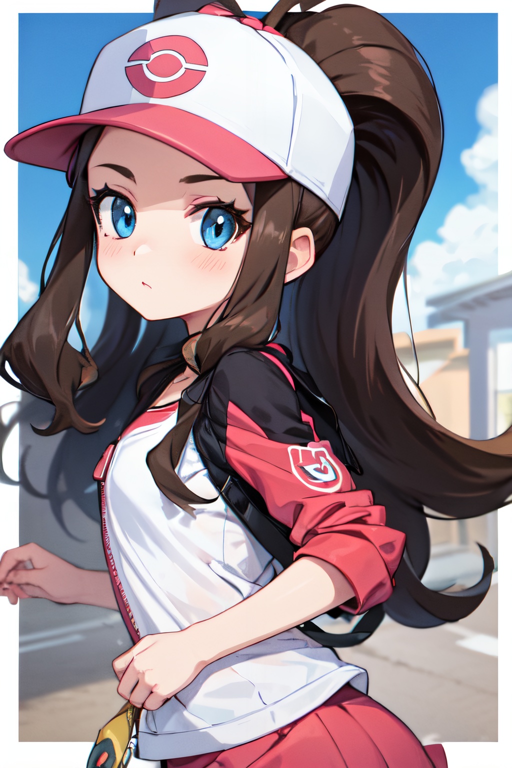 <lora:hilda_pokemon:1>hilda pokemon,  baseball cap,  1girl, upper body, solo,  looking at viewer, high ponytail, sporty one-piece with a zip-front closure and contrasting side panels for a dynamic effect,