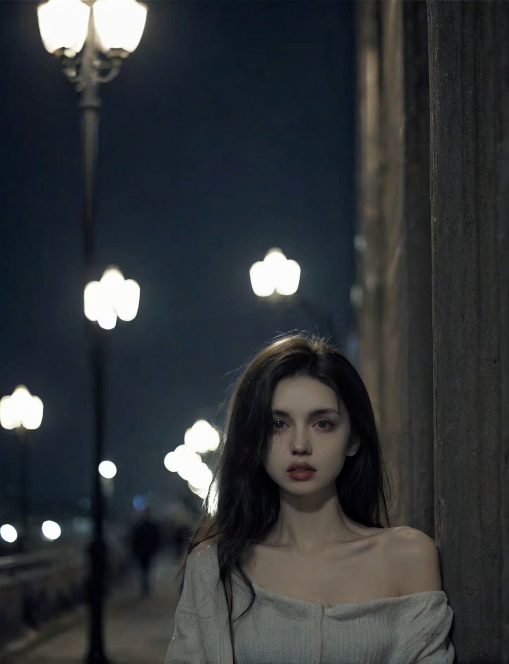 solo,realistic,lips,black hair,collarbone,closed mouth,Beside the outdoor street,the dim light of the street lamps at night shines on one side of the face,1girl,absurdres,(Looking at the camera:1.2),<lora:东方审美_ BRairt.SDXL_v1.0:0.6>,<lora:ChillyV1.0-000010:0.8>,