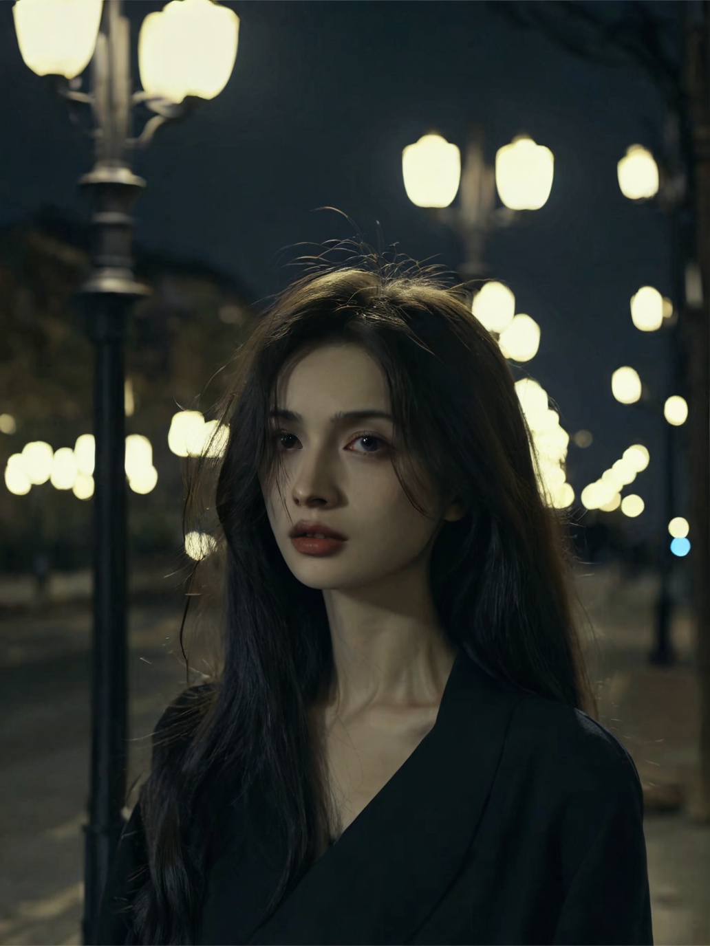 solo,realistic,lips,black hair,collarbone,closed mouth,Beside the outdoor street,the dim light of the street lamps at night shines on one side of the face,1girl,absurdres,(Looking at the camera:1.2),<lora:东方审美_ BRairt.SDXL_v1.0:0.4>,<lora:ChillyV1.0-000010:1>,