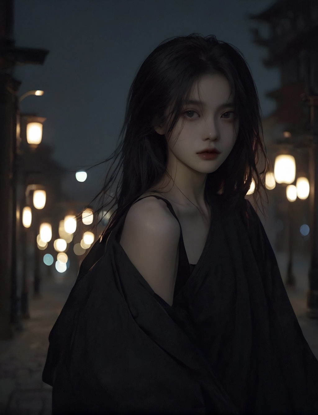 solo,realistic,lips,black hair,collarbone,closed mouth,Beside the outdoor street,the dim light of the street lamps at night shines on one side of the face,1girl,absurdres,(Looking at the camera:1.2),<lora:XL国风脸Lora--模型:0.8>,<lora:ChillyV1.0:0.6>,