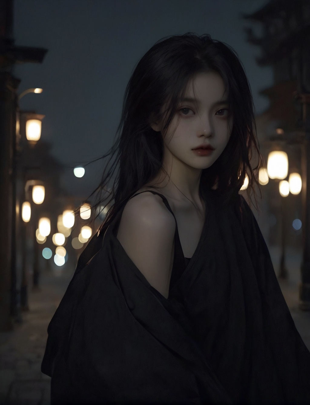 solo,realistic,lips,black hair,collarbone,closed mouth,Beside the outdoor street,the dim light of the street lamps at night shines on one side of the face,1girl,absurdres,(Looking at the camera:1.2),<lora:XL国风脸Lora--模型:0.8>,<lora:ChillyV1.0:0.6>,