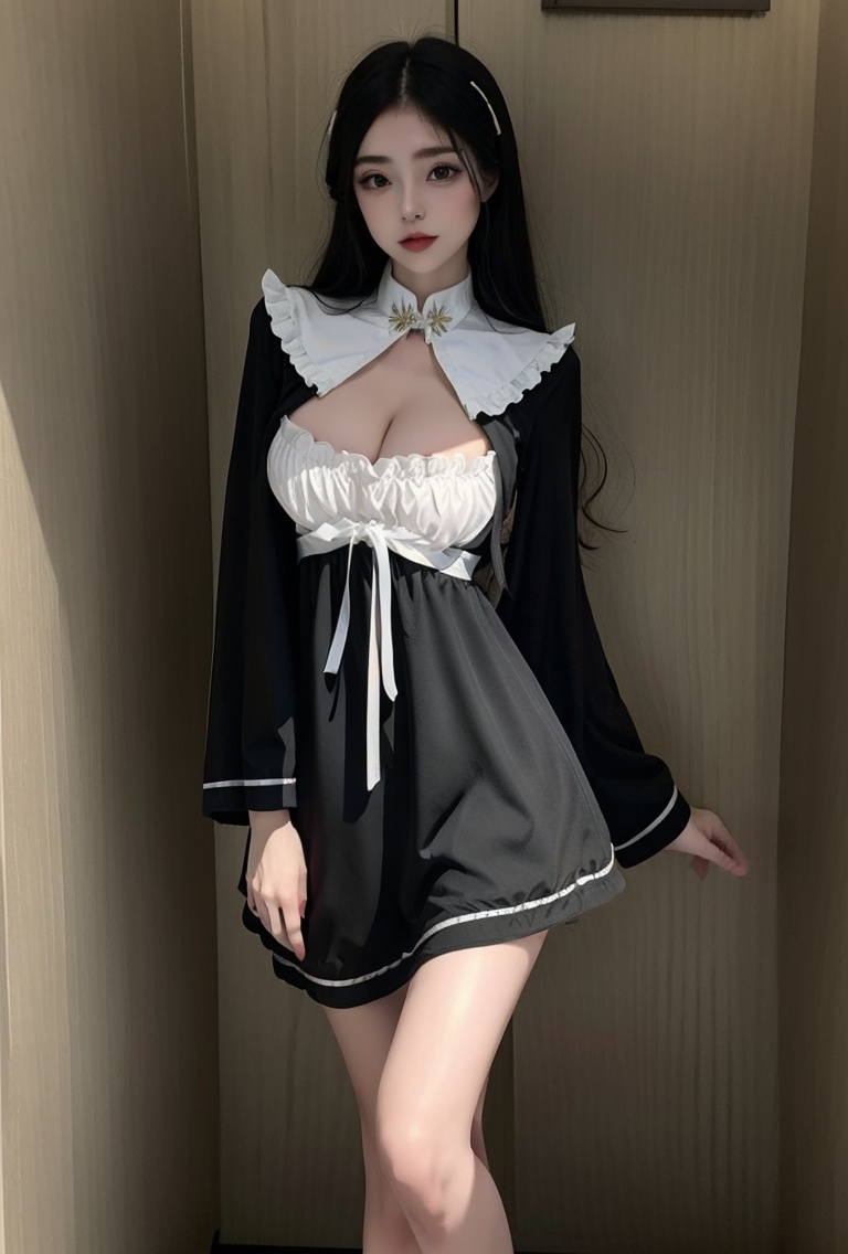 (masterpiece, best quality:1.4),finely detailed,1girl,solo,pale skin,perfect body,standing,(medium breasts:1.2),<lora:killer性感国风修女制服3v1.0-000008:0.8>,blackdress,dress,nun,
