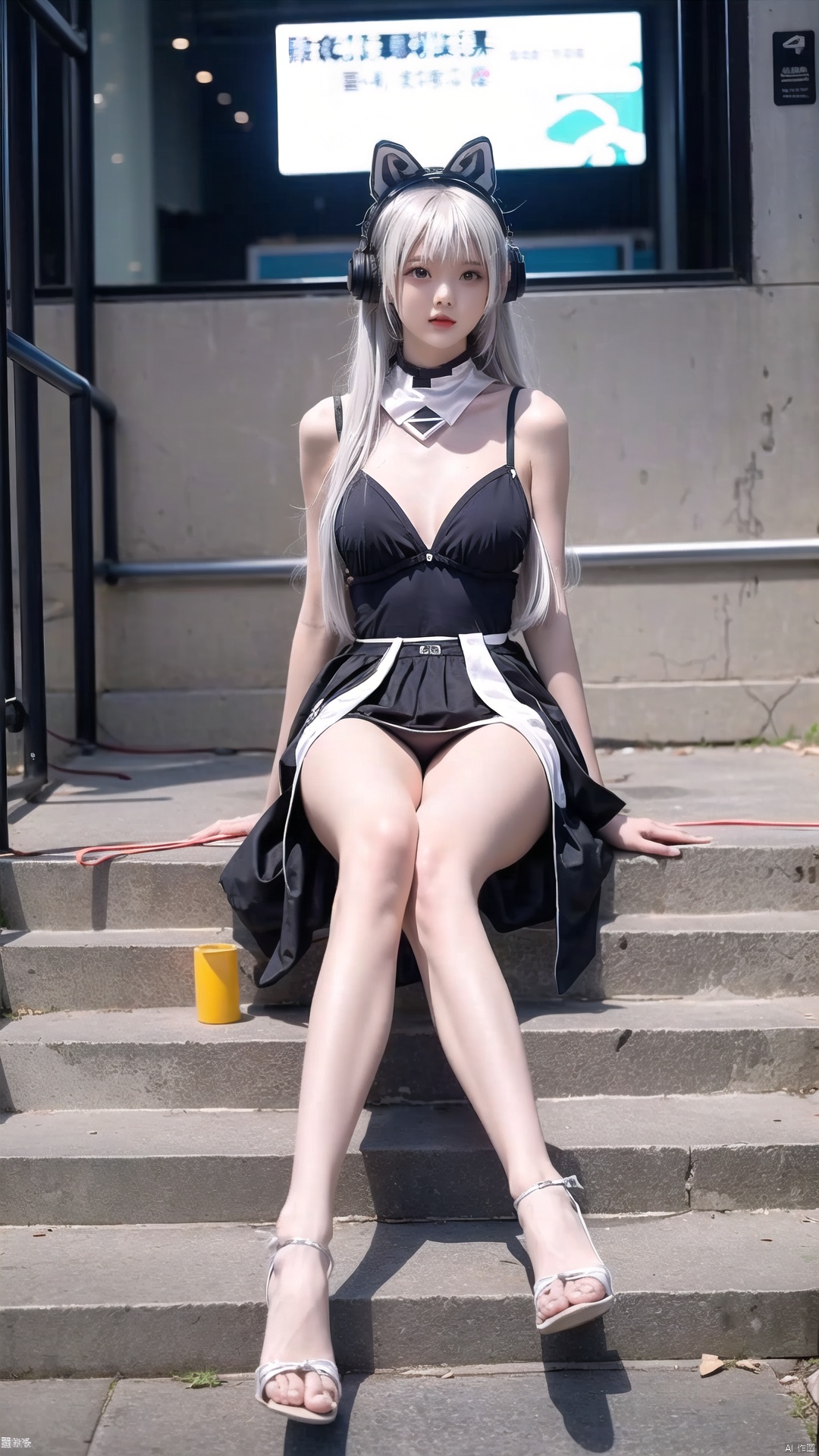  1girl,full body,sitting,street,city,building,vivid,colorful,big breasts, tianqiji