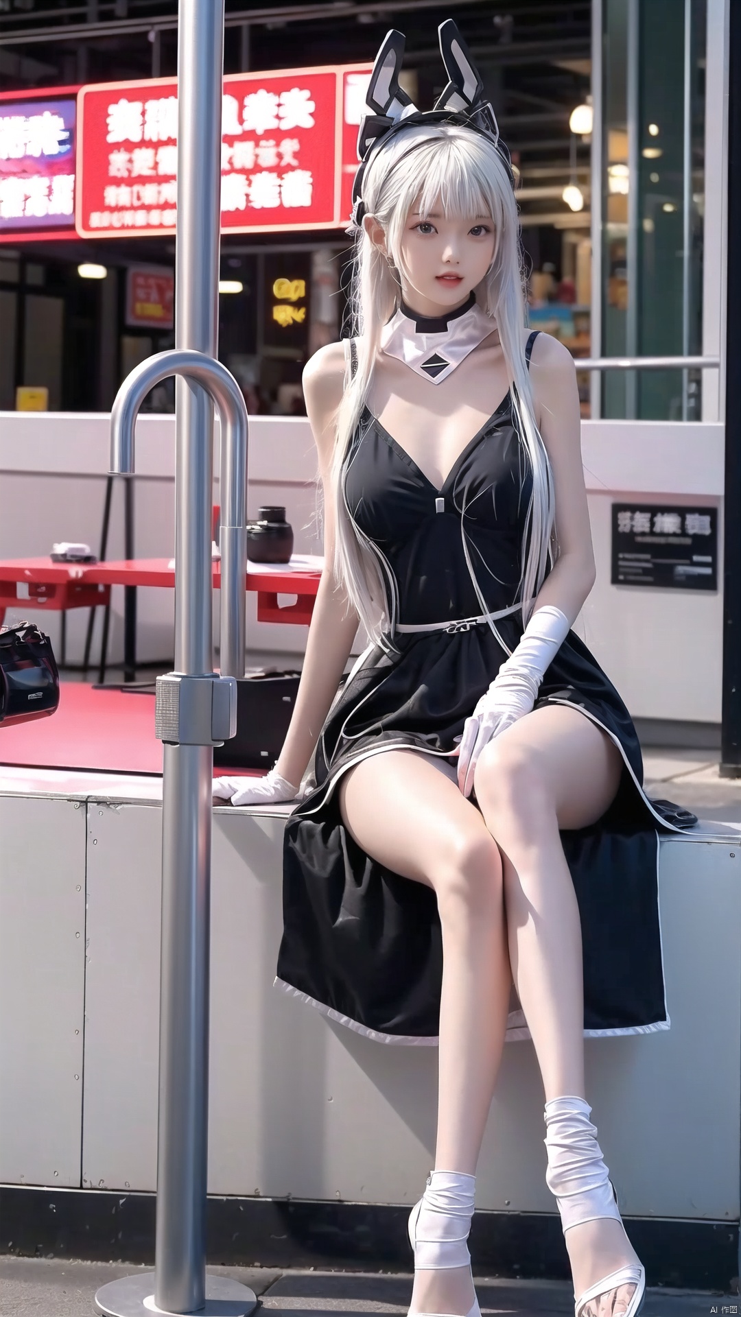  1girl,full body,sitting,street,city,building,vivid,colorful,big breasts, tianqiji
