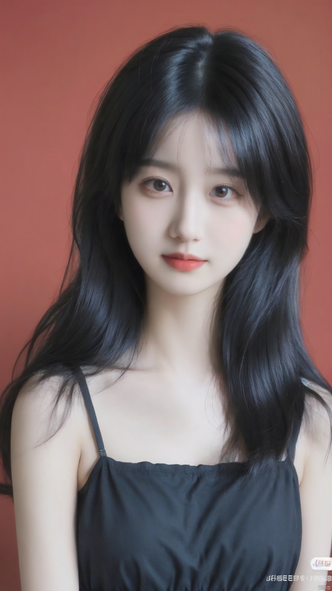  masterpiece, best quality, high_res, (Realistic:1.5), 1girl,wavy hair, zhen,tight black camisole ,red background