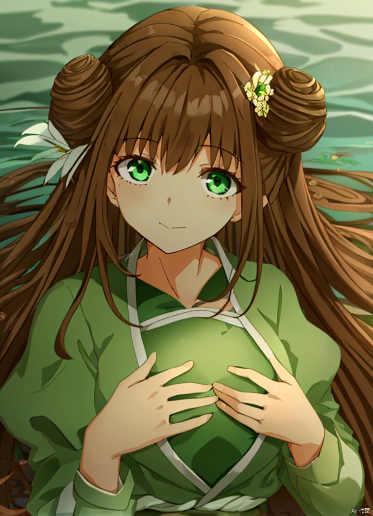 1girl,A young girl,
large chest,large chest,
solo, long hair, looking at viewer,
green clothes,
bangs, brown hair, hair ornament, long sleeves, very long hair, closed mouth, green eyes, flower, hair flower, hair bun, sash, double bun,
In the water,,A young girl, large chest,large ch