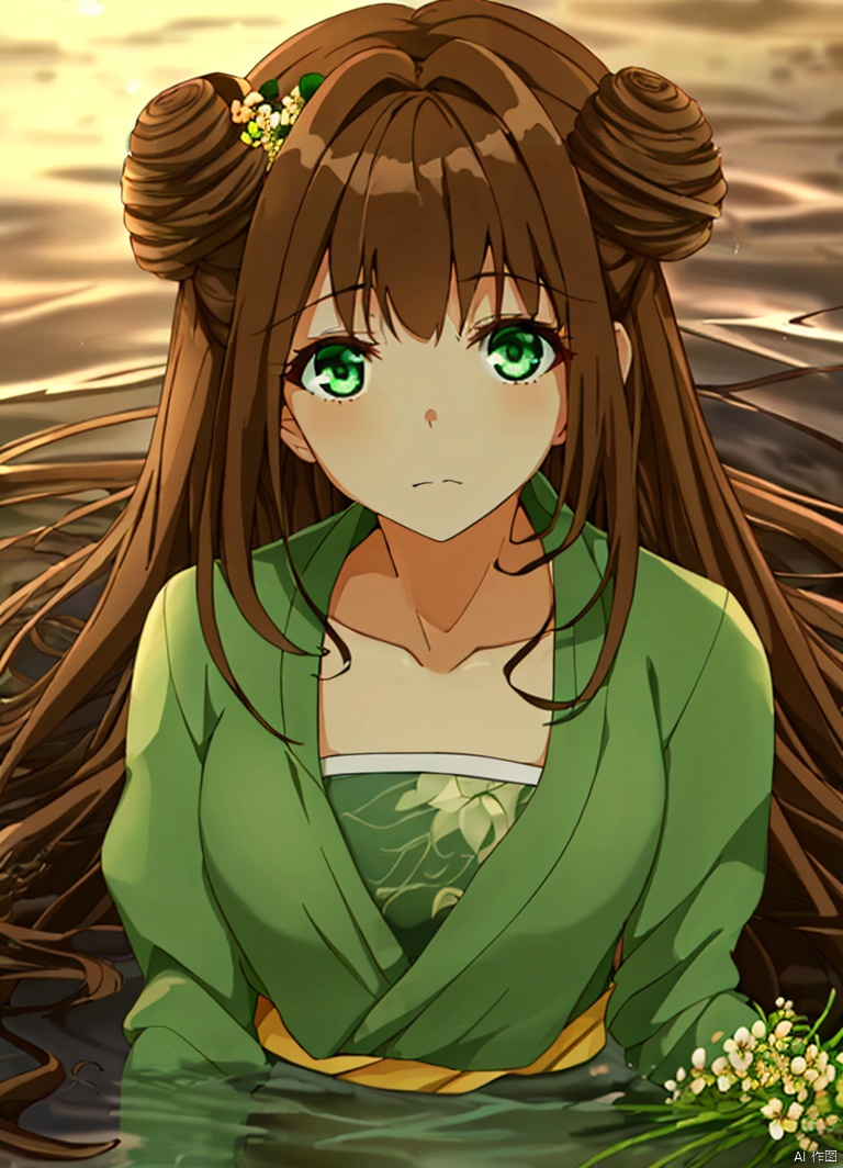 1girl,A young girl,
large chest,large chest,
solo, long hair, looking at viewer,
green clothes,
bangs, brown hair, hair ornament, long sleeves, very long hair, closed mouth, green eyes, flower, hair flower, hair bun, sash, double bun,
In the water,,A young girl, large chest,large ch