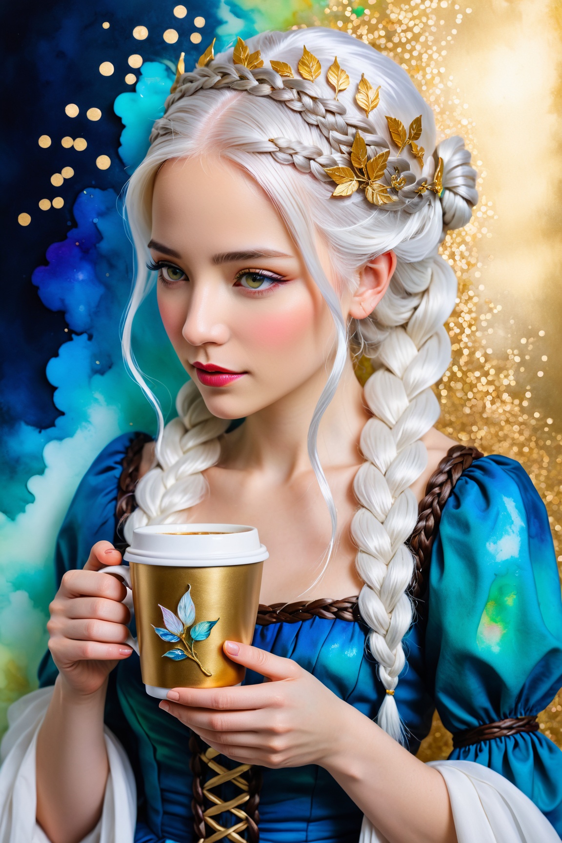 A coffee cup,  surreal fairy tale,  braided white hair by Shopon_skp on Tensor.Art