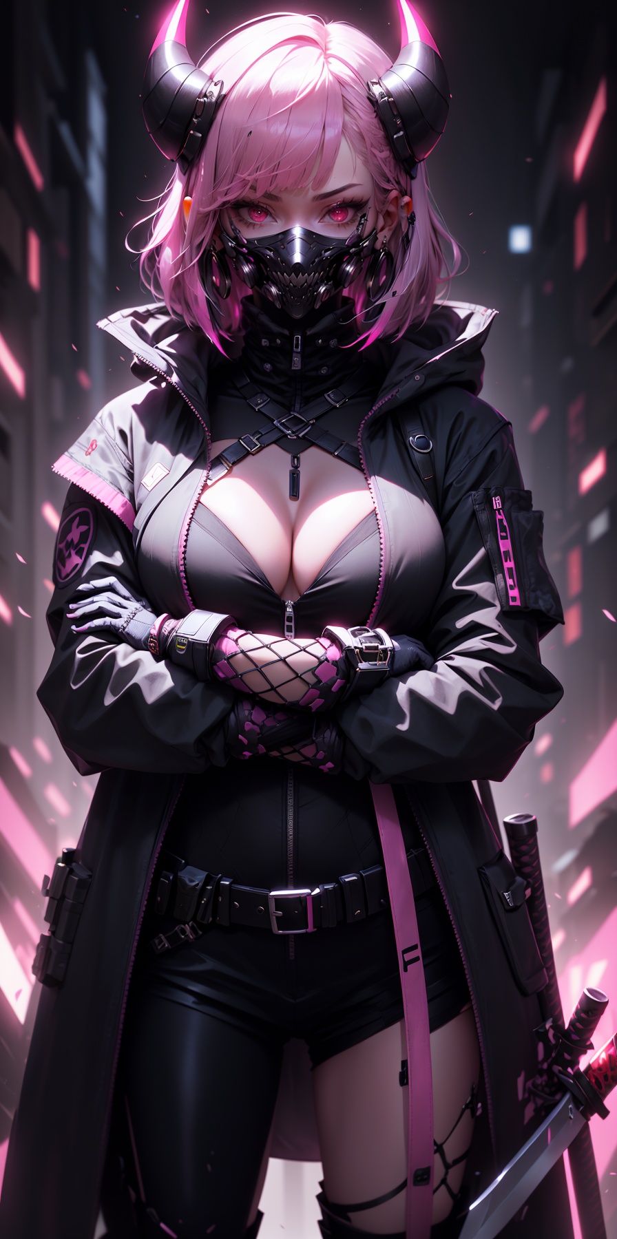 1girl, breasts, looking at viewer, short hair, bangs, black hair, red eyes, gloves, long sleeves, cleavage, jewelry, medium breasts, standing, jacket, weapon, pink hair, multicolored hair, cowboy shot, earrings, open clothes, horns, solo focus, black gloves, sword, pink eyes, armor, blurry, open jacket, coat, black jacket, bodysuit, gradient hair, mask, depth of field, blurry background, swept bangs, glowing, crossed arms, katana, sheath, fishnets, glowing eyes, sheathed, mouth mask, weapon on back, cyberpunk