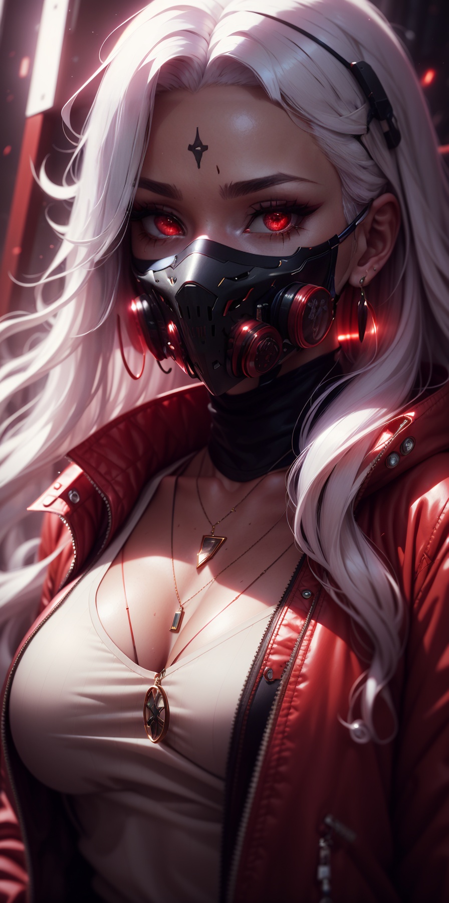 1girl, solo, long hair, looking at viewer, red eyes, jewelry, jacket, white hair, earrings, necklace, mask, facial mark, portrait, red jacket, forehead mark, mouth mask