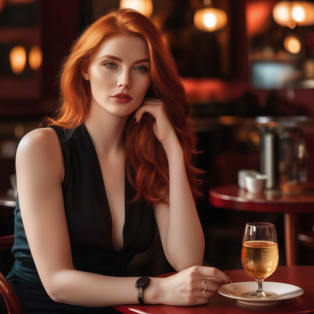 Generate hyper realistic image of a stunning red-haired woman exuding elegance,  posing for the viewer in the warm glow of...