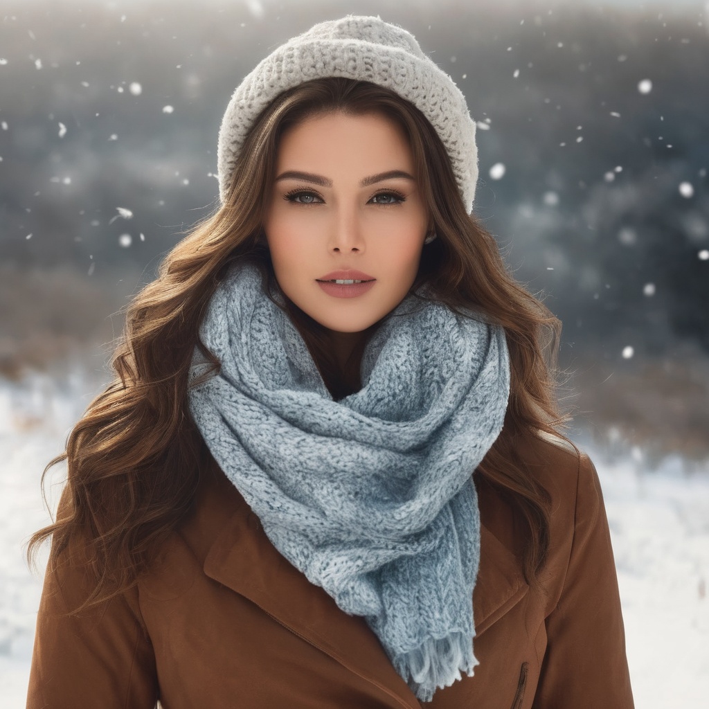Generate hyper realistic image of a woman in elegant winter attire,  surrounded by a snowy landscape. She embraces the chi...
