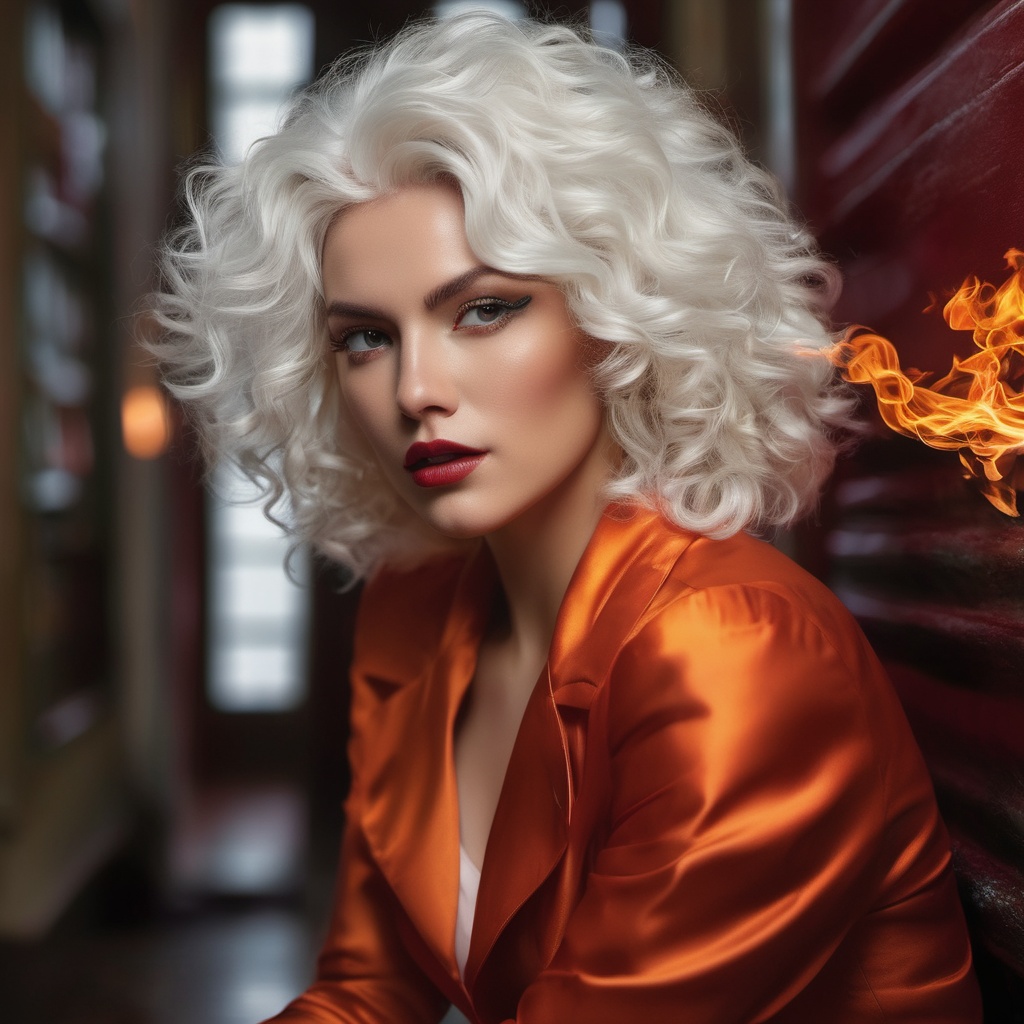 Generate hyper realistic image of a scene where a snow white haired woman with fiery curls strikes a charismatic pose in a...