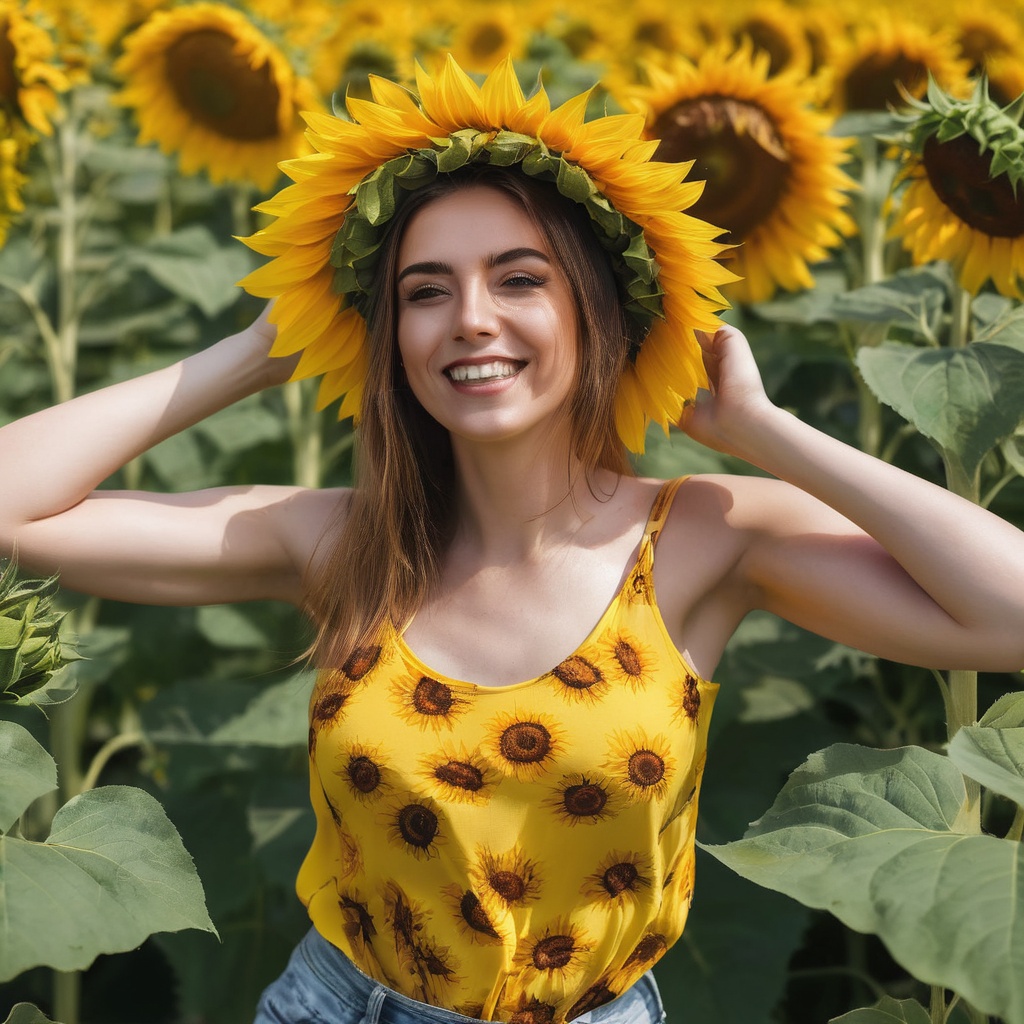 Generate hyper realistic image of a woman wearing a radiant sunflower-themed outfit,  soaking up the sunshine in a field o...