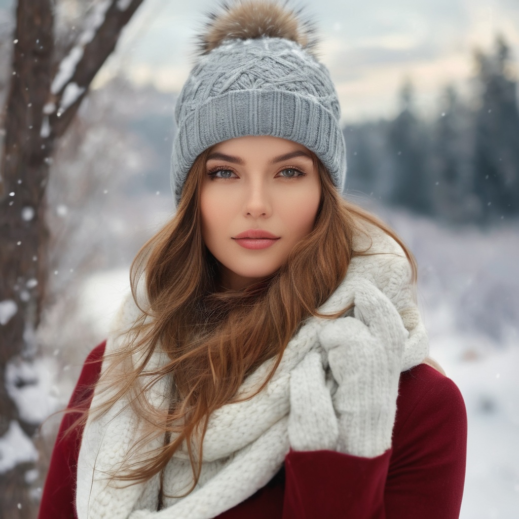 Generate hyper realistic image of a woman in elegant winter attire,  surrounded by a snowy landscape. She embraces the chi...