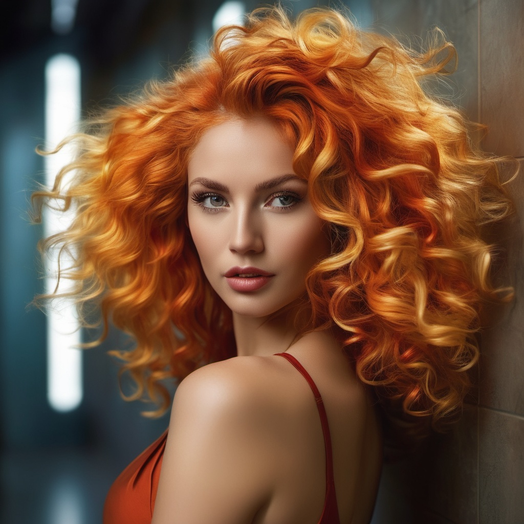 Generate hyper realistic image of a scene where a blond haired woman with fiery curls strikes a charismatic pose in a hall...
