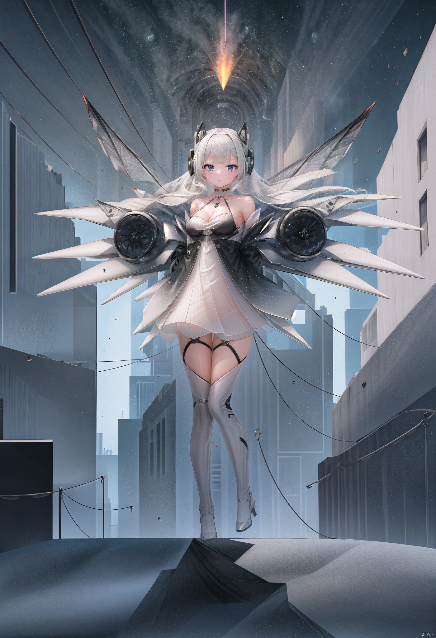  1girl, Heads, full body, cyberpunk,, tianqi,Flying in the air,Anime, UHD, high details, anatomically correct, award winning, best quality, masterpiece, ccurate, 16k,cityscape,Meteorite shower,