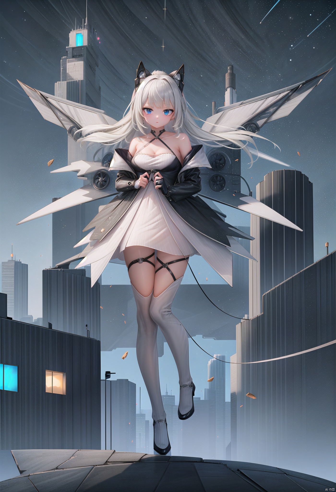  1girl, Heads, full body, cyberpunk,, tianqi,Flying in the air,Anime, UHD, high details, anatomically correct, award winning, best quality, masterpiece, ccurate, 16k,cityscape,Meteorite shower,