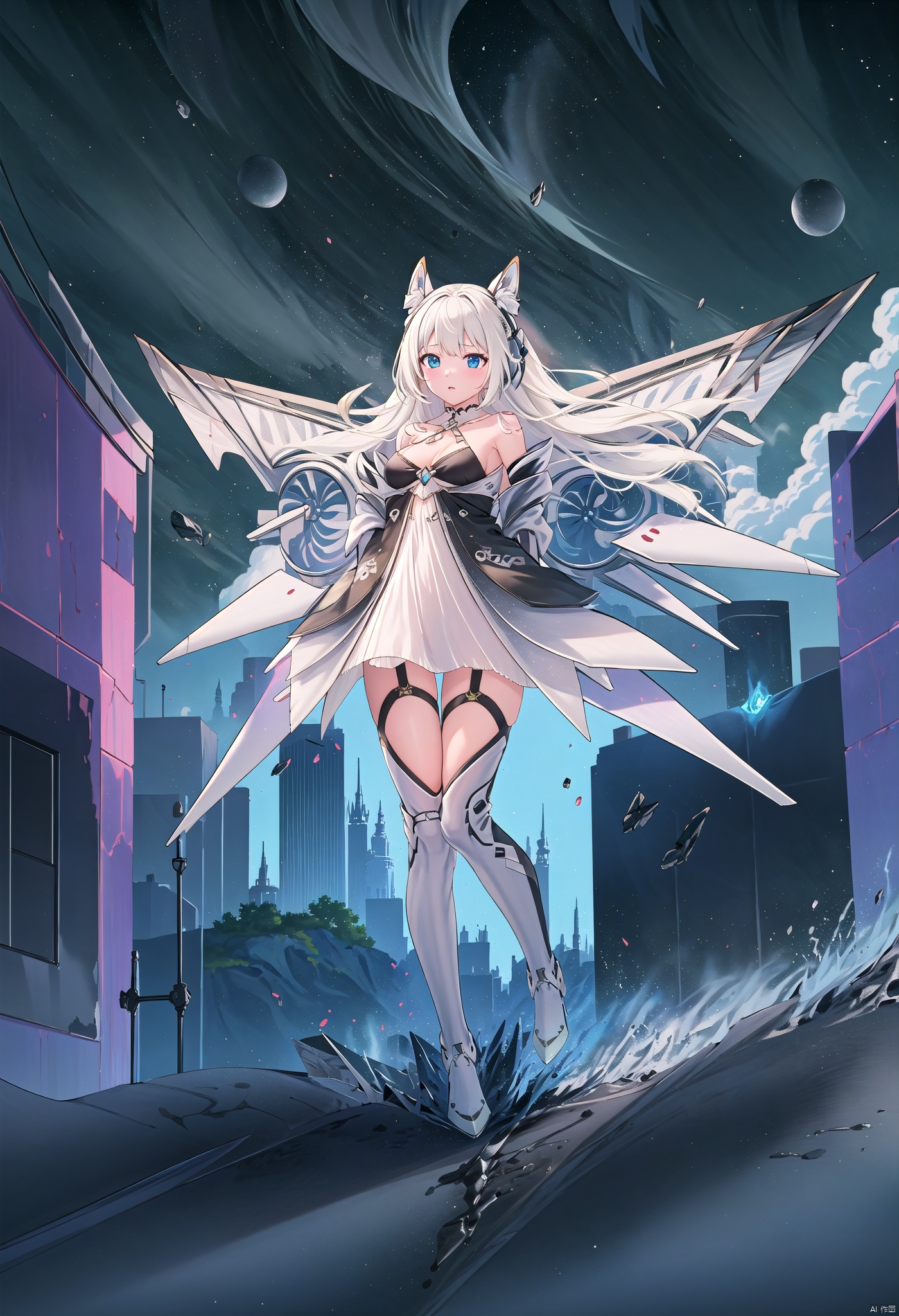  1girl, Heads, full body, cyberpunk,, tianqi,Flying in the air,Anime, UHD, high details, anatomically correct, award winning, best quality, masterpiece, ccurate, 16k,cityscape,Meteorite shower, Anime, fantasy, magic