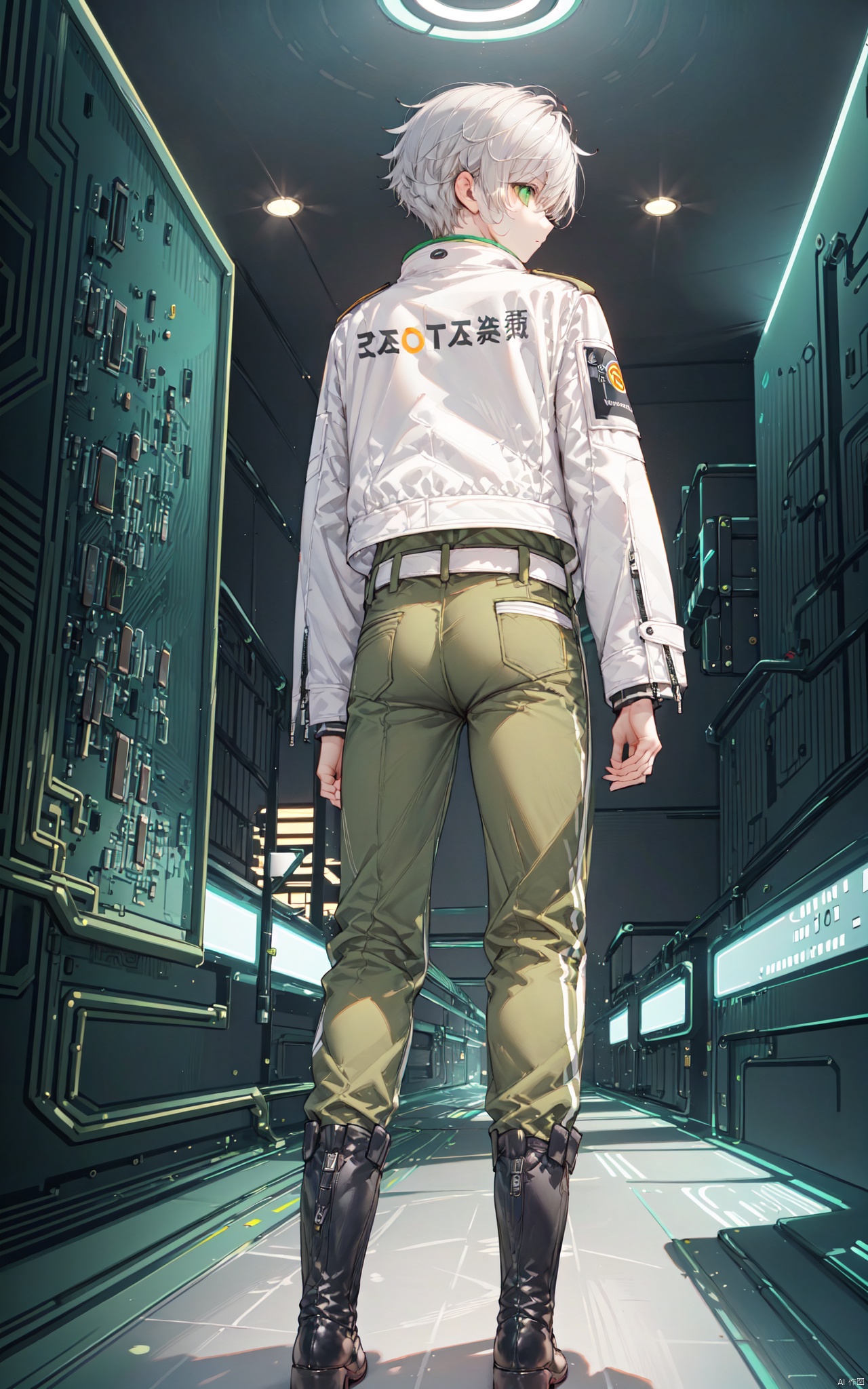 阿索, (masterpiece), (best quality), 1 boy, over 20 years old, outgoing, sunny and handsome, Green pants, black boots, white jacket, Stand up collar jacket, (sci-fi style), Silver short hair, white belt, Green pupils, 1boy, male focus, pants, solo, white hair, green eyes, jacket, from behind, Reality,science fiction,light-emitting circuit boards,chips,high-tech, The logo on the clothing is Zotac.