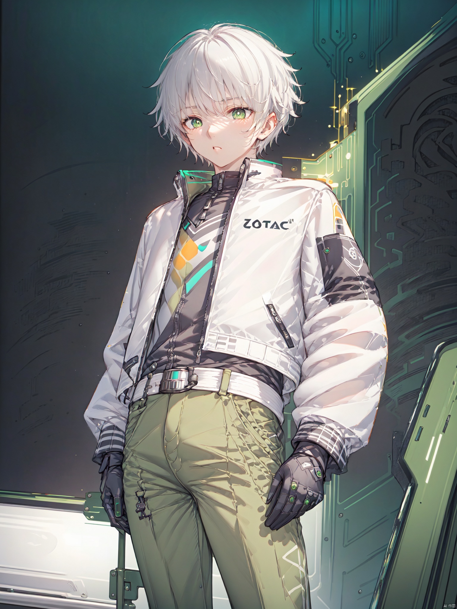 阿索, (masterpiece), (best quality), , Black background, Solid color background, 1 boy, over 20 years old, outgoing, sunny and handsome, Green pants,  white jacket, Stand up collar jacket, (sci-fi style), Silver short hair, white belt, Green pupils, solo, cropped jacket,black gloves,The logo on the clothing is Zotac.