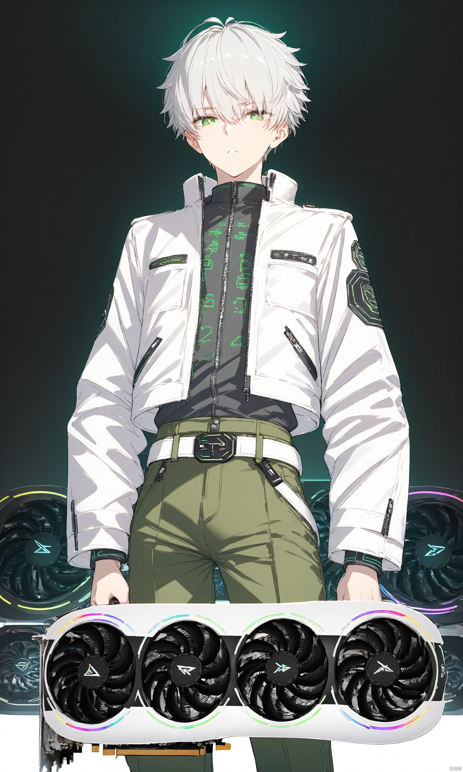 阿索, (masterpiece), (best quality),Science fiction, RGB, RTX, graphics card, graphics card fan, green fluorescent tube,Solid color background, 1 boy, over 20 years old, outgoing, sunny and handsome, Green pants,  white jacket, Stand up collar jacket, (sci-fi style), Silver short hair, white belt, Green pupils, solo,