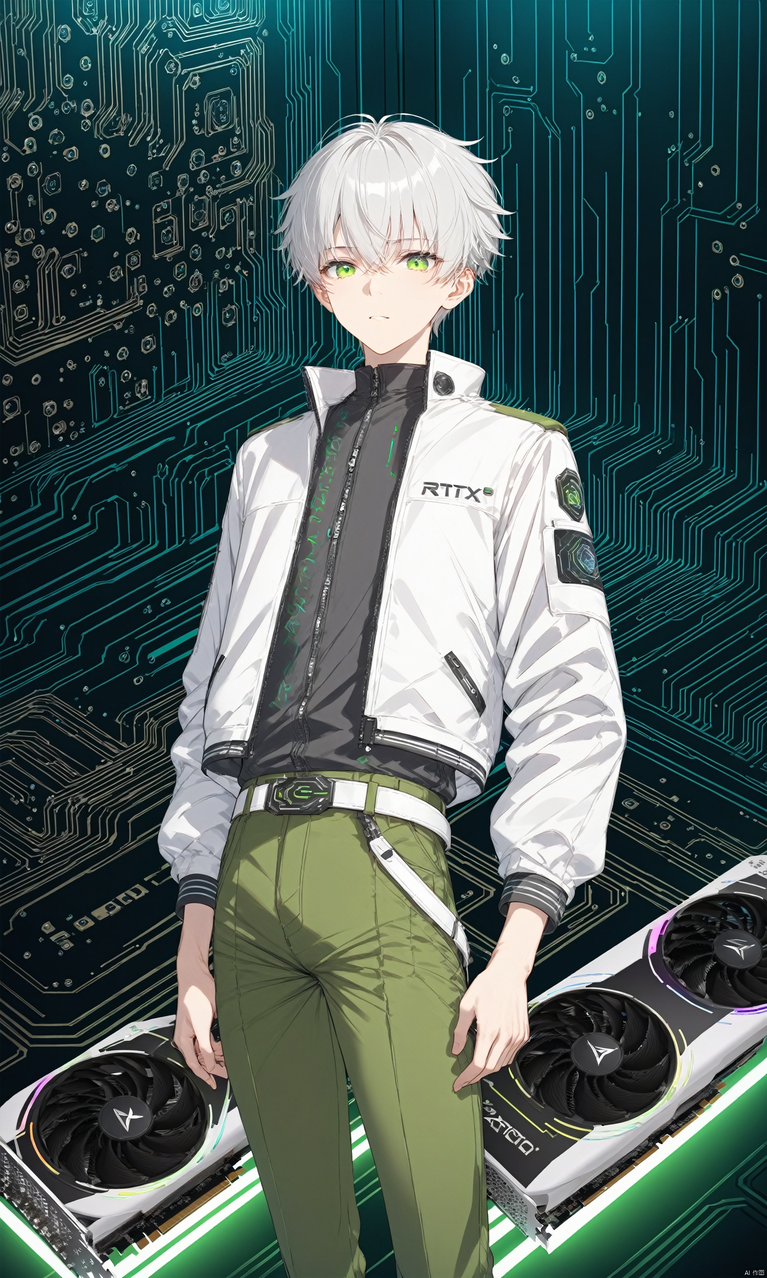 阿索, (masterpiece), (best quality),Science fiction, RGB, RTX, many graphics cards, graphics cards piled up in mountains, graphics card fans, green fluorescent tubes, boys holding up a graphics card with both hands, 1 boy, over 20 years old, outgoing, sunny and handsome, Green pants,  white jacket, Stand up collar jacket, (sci-fi style), Silver short hair, white belt, Green pupils, solo,