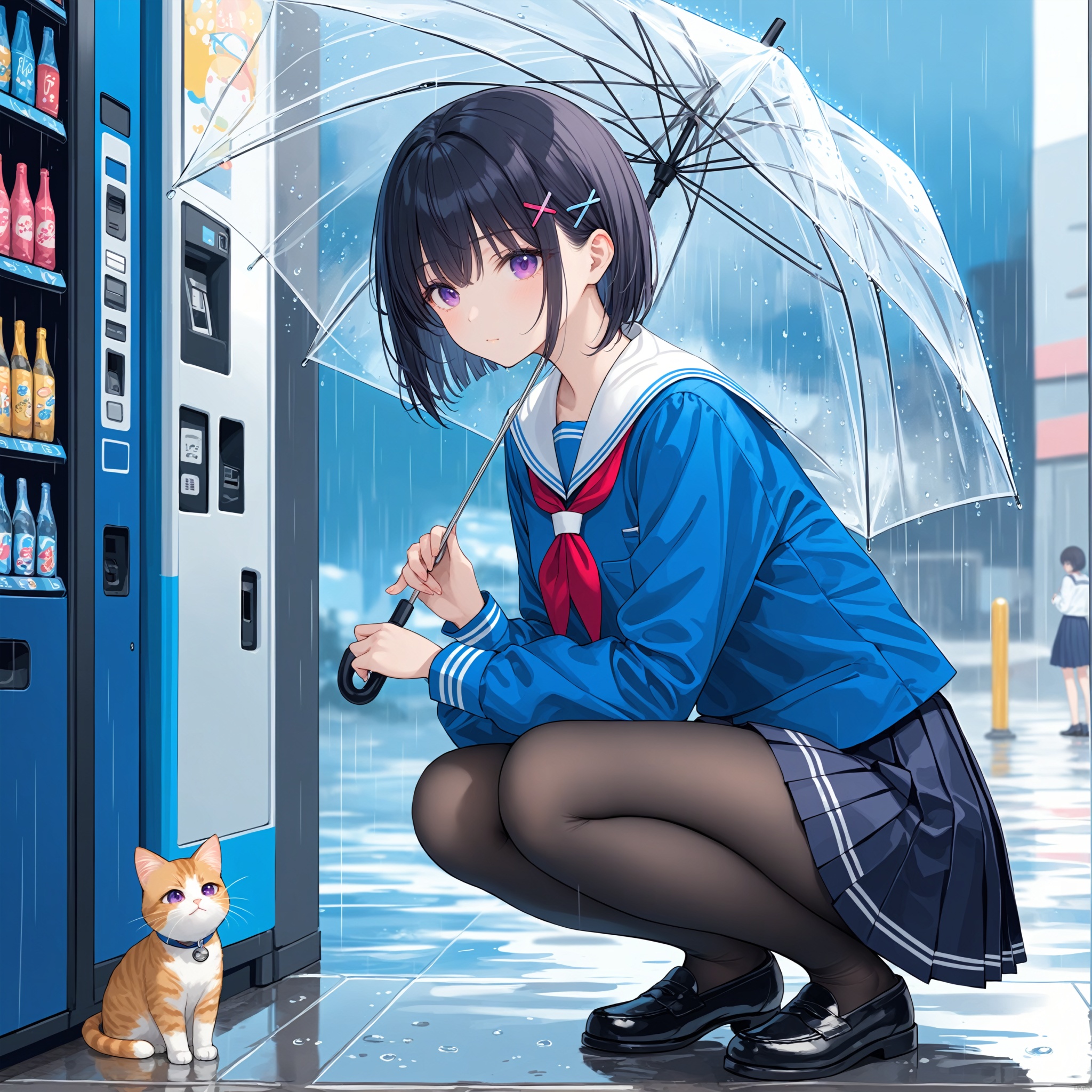 (masterpiece), (best quality), 1girl, transparent, school uniform, rain, umbrella, cat, hair ornament, pantyhose, squatting, skirt, transparent umbrella, serafuku, holding, short hair, solo, purple eyes, black footwear, white sailor collar, outdoors, loafers, shoes, hairclip, sailor collar, x hair ornament, long sleeves, neckerchief, black hair, pleated skirt, bangs, holding umbrella, blue shirt, animal, shirt, blue serafuku, closed mouth, hair between eyes, black pantyhose, vending machine, blue skirt, black skirt