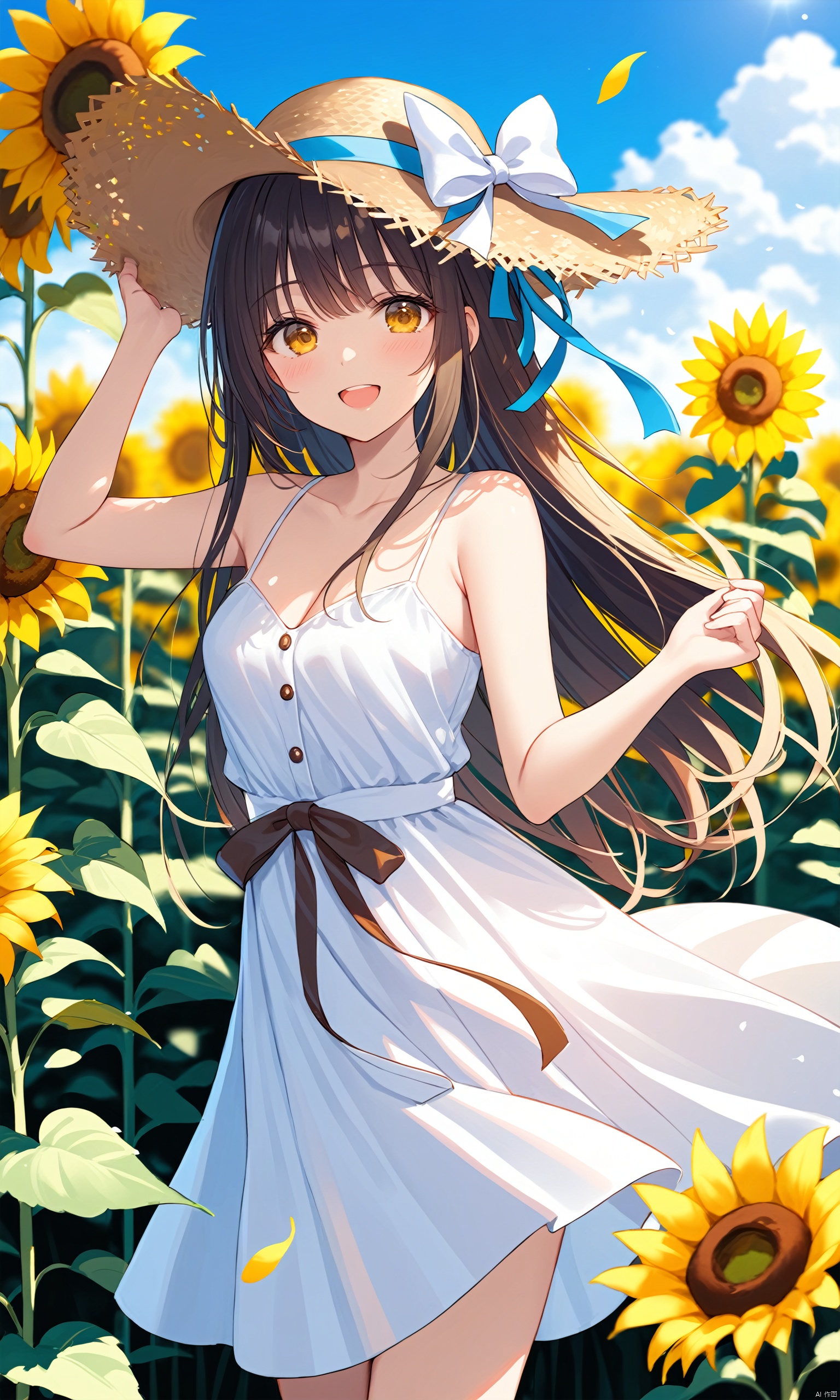  (masterpiece), (best quality),1girl, hat, sunflower, solo, flower, outdoors, long hair, smile, open mouth, day, looking at viewer, sleeveless, sky, yellow eyes, cloud, :d, petals, straw hat, bare shoulders, breasts, hand on headwear, white dress, dress, yellow flower, bangs, very long hair, collarbone, blue sky, blush, flower field, sun hat, bare arms, bow, field, brown headwear, small breasts, standing, sundress, arm up, skirt, hand up, white skirt, hat bow, cleavage, spaghetti strap, ribbon, blurry foreground, hat ribbon, white bow, blurry