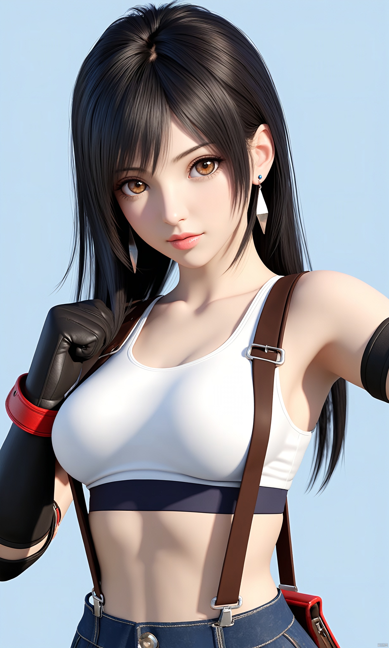 (masterpiece), (best quality),realistic,octane render,3D CG,1girl,tifa lockhart,solo,long hair,earrings,black hair,jewelry,suspenders,crop top,breasts,looking at viewer,upper body,brown eyes,bangs,shirt,gloves,elbow gloves,midriff,elbow pads,medium breasts,lips,**** top,blue background,white **** top,artist name,bare shoulders,closed mouth,white shirt,sports bra,sleeveless,