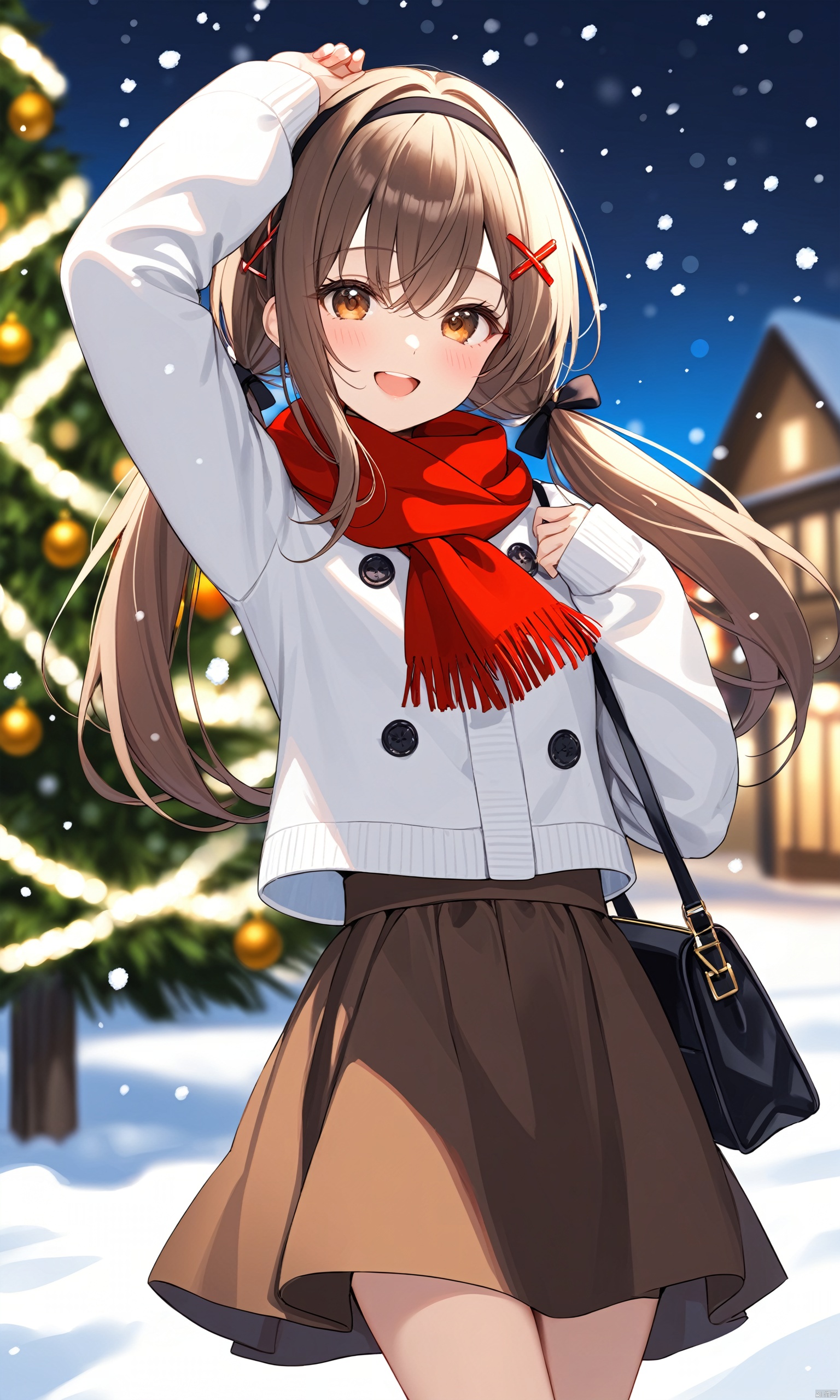  (masterpiece), (best quality),1girl, red scarf, solo, scarf, long hair, brown eyes, smile, skirt, long sleeves, brown hair, very long hair, hair ornament, hairband, :d, bangs, looking at viewer, blurry, bag, blurry background, blush, fringe trim, jacket, hair between eyes, open mouth, outdoors, shoulder bag, black hairband, christmas tree, hairclip, christmas, white jacket, twintails, brown skirt, sleeves past wrists, x hair ornament, arm up, christmas lights, night, snowing, depth of field, low twintails, ribbon, hair ribbon, black skirt, black ribbon, shirt, white shirt